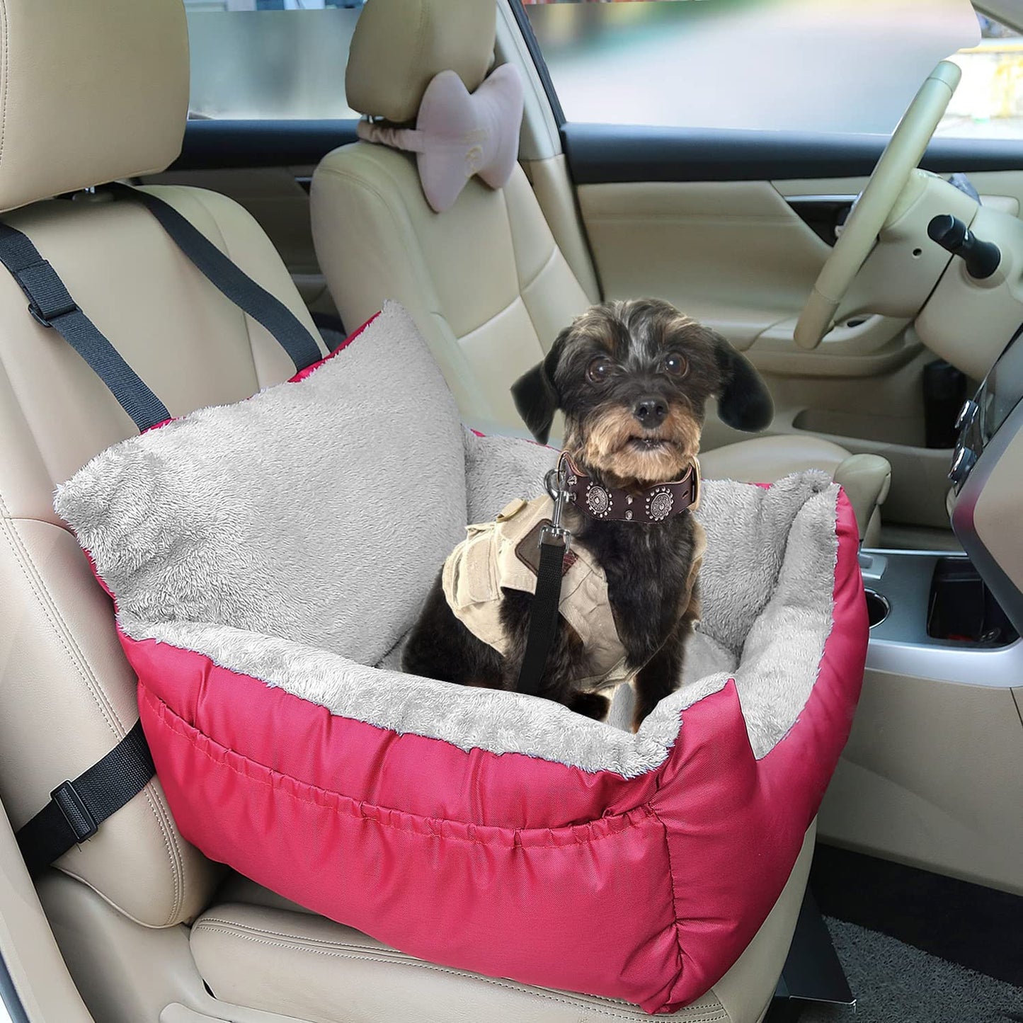 Dog Car Seat for Small Dogs - Warm Soft Washable Bed with Storage Pocket and Clip-On Safety Leash - Portable Travel Carrier Booster