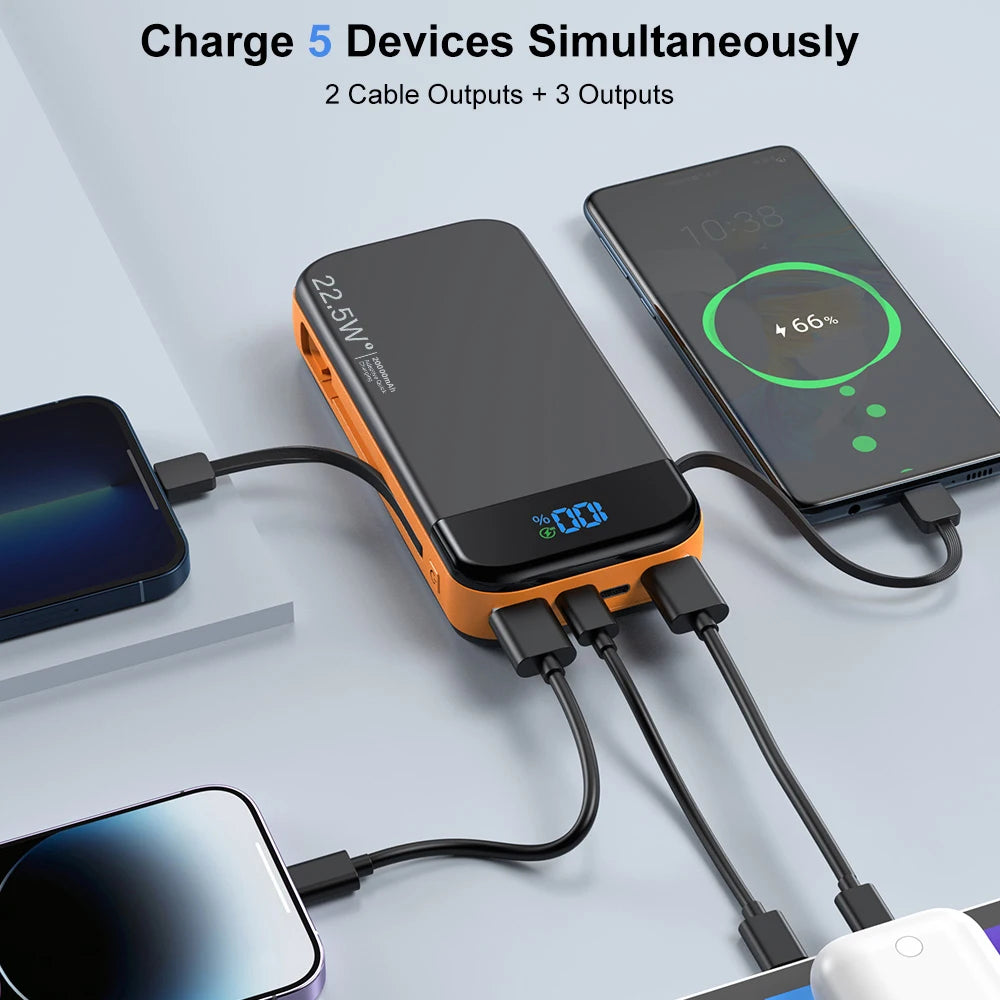 Portable Charger 32000Mah, QC 3.0 PD20W Smart LED Display Fast Charging Built in 2 Cables Power Bank
