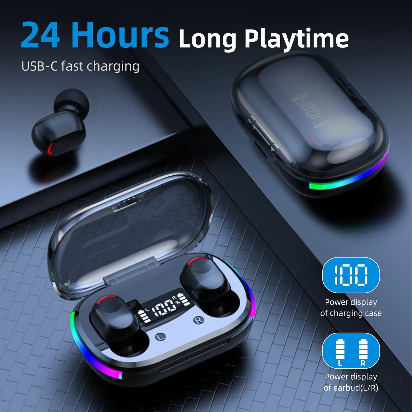 Wireless Earbuds, Bluetooth 5.3 Gaming Wireless Headphones IPX7 Waterproof TWS Deep Bass Stereo Noise Cancelling Headset in Ear with Charging Case LED Battery Display for Sport Android/Ios