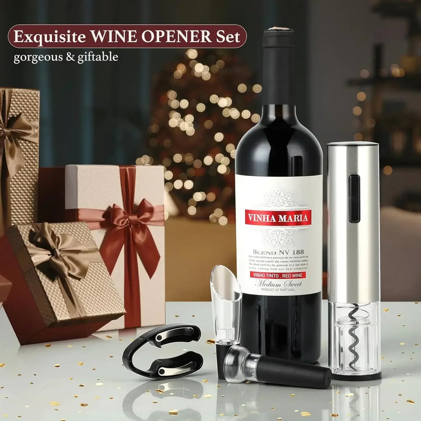 Electric Wine Opener Rechargeable Set, Automatic Electric Wine Opener with Stand with Foil Cutter, Pourer, Vacuum Stopper Nurse
