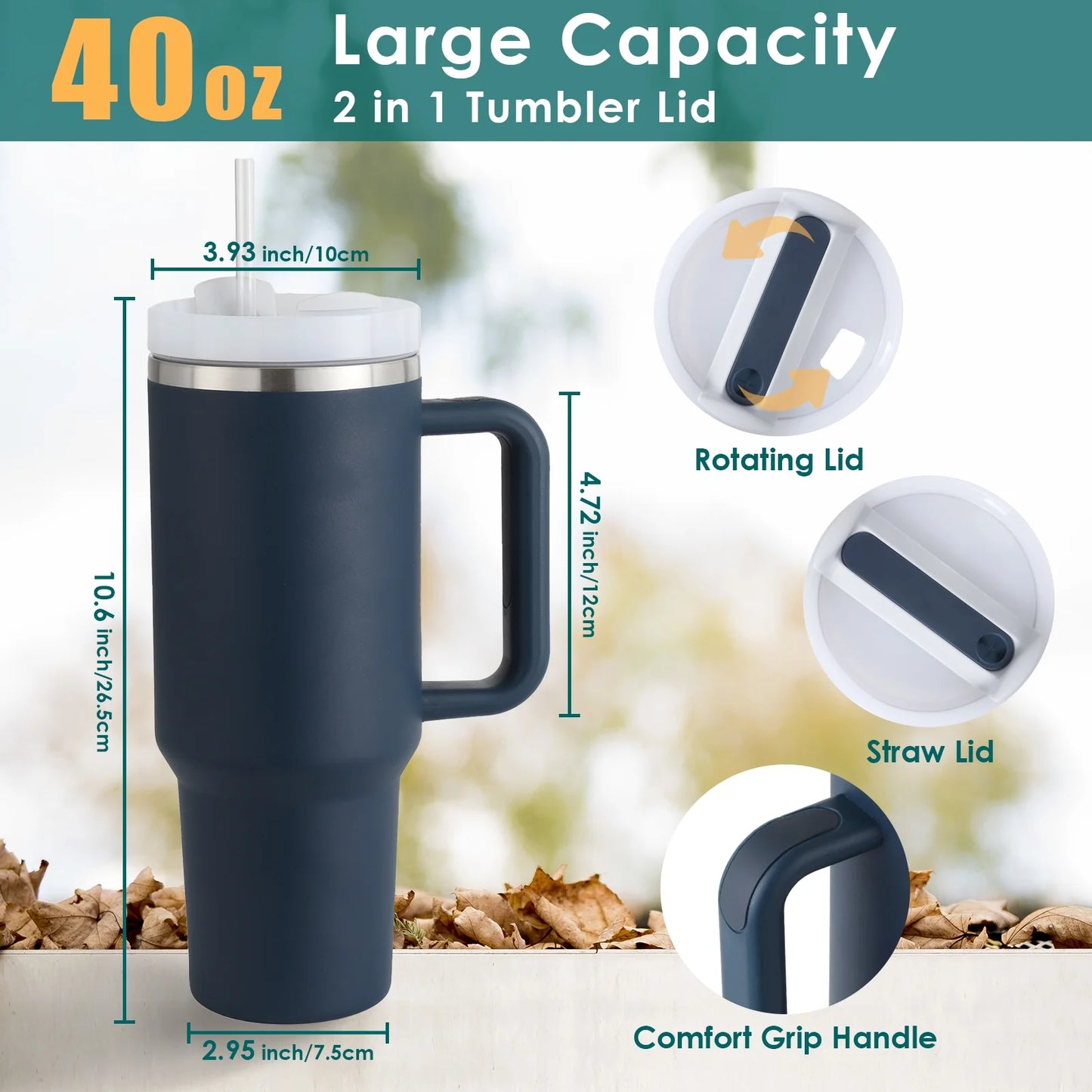40 Oz Tumbler with Handle and Straw, Travel Mug for Car, 2-In-1 Lid Stainless Steel Tumblers
