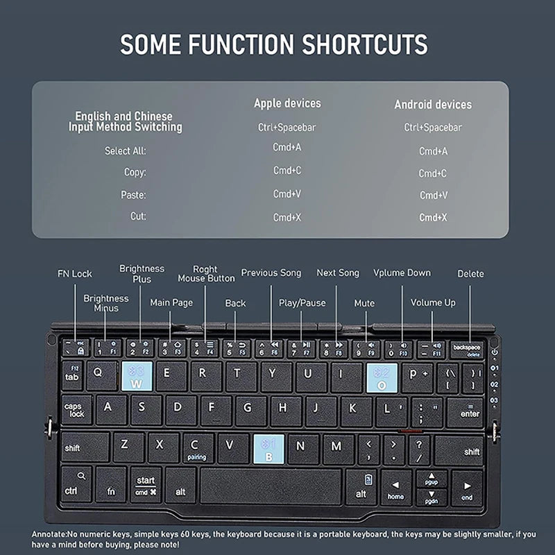 Folding Mini Keyboard Wireless Bluetooth Keypad Supported 3 Devices with Stand Rechargeable Keyboard for Phone Tablet