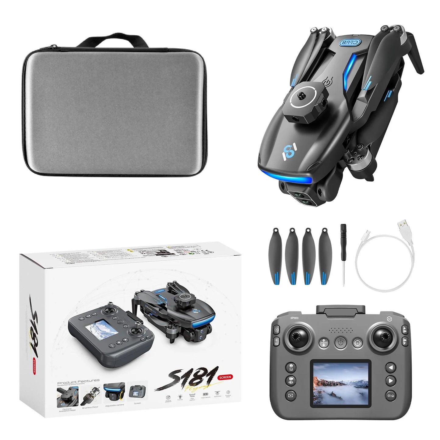 Long-Endurance Brushless Drone Dual Cameras Brushless Motor Foldable Quad Obstacle Avoidance 5.9Inch LCD Remote Controller