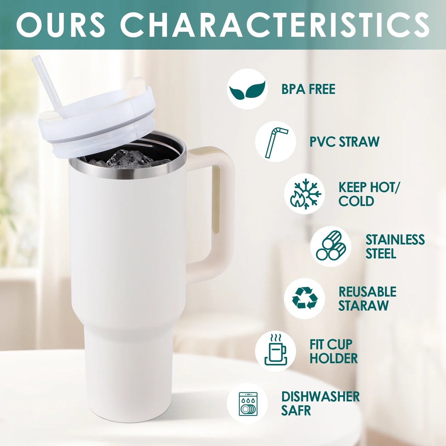 40 Oz Tumbler with Handle and Straw, Travel Mug for Car, 2-In-1 Lid Stainless Steel Tumblers