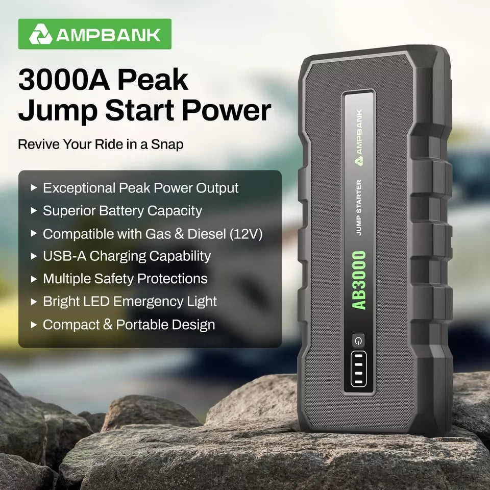 AB3000 12V Car Jump Starter Battery Charger Power Bank Portable 3000A Auto Booster Pack