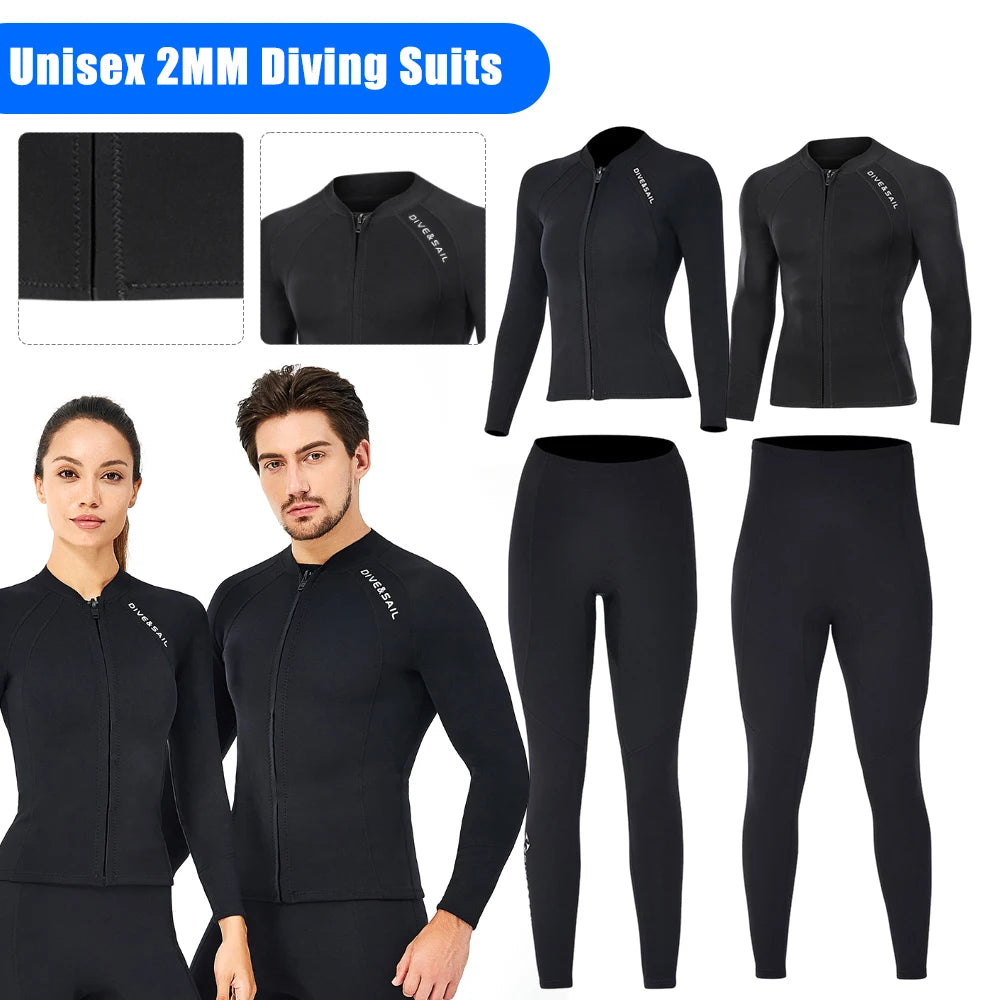 2MM Neoprene Diving Suit Snorkeling Surfing Swimsuit Cold-Proof Warm Top Pants Long Sleeve Split Body Jacket Swimwear for Unisex