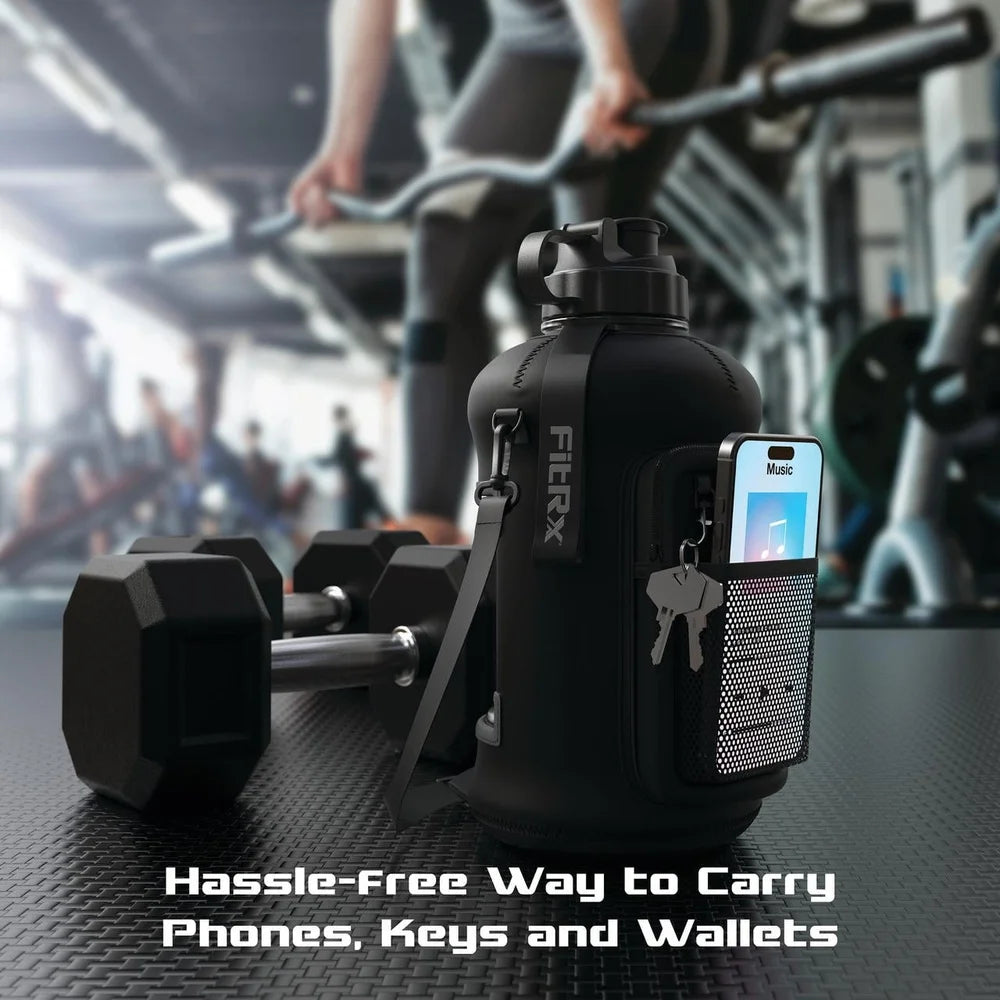 Half Gallon Water Bottle with Neoprene Sleeve Storage Pocket Carry Strap BPA Free 68Oz Portable Hydration Jug Adults