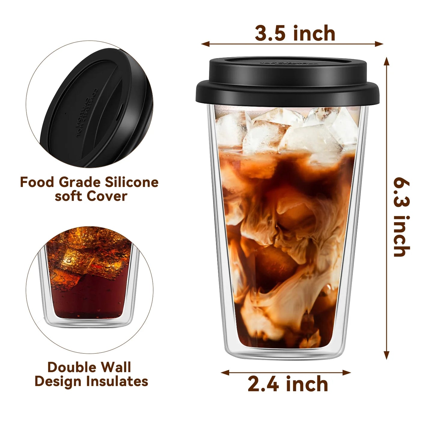 2 Piece 12Oz Double Glass Coffee Mugs with Silicone Lid,Drinking Insulated Coffee Cups with Lid,Clear,Dishwasher Safe Reusable