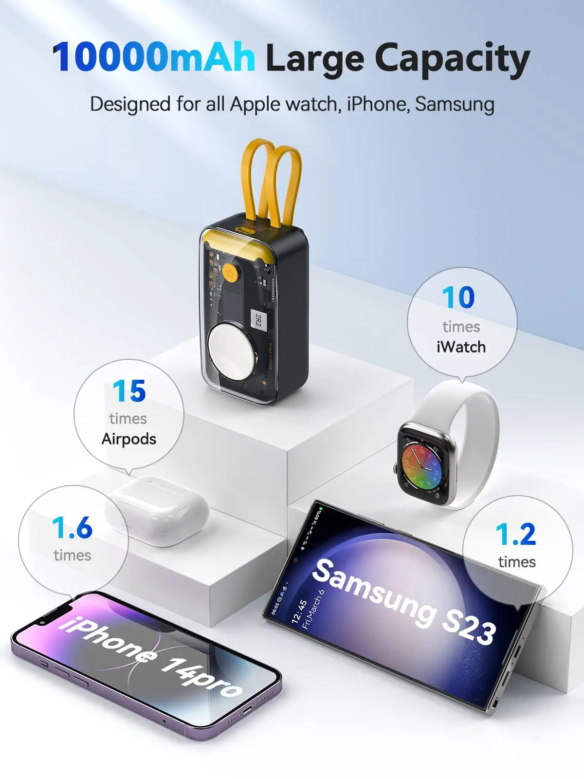 10000Mah Portable Charger for Apple Watch,Iphone,Samsung Power Bank Built-In Cables PD 20W Fast Charging Battery Pack
