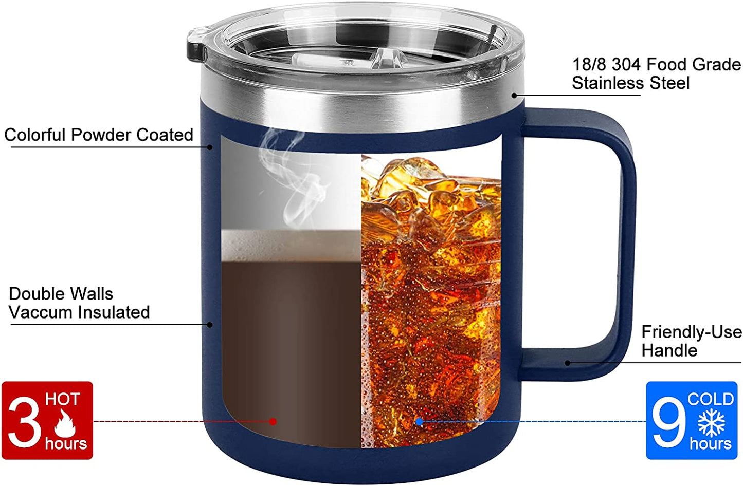 2 Pack Stainless Steel Coffee Mugs with Handle, 12Oz Insulated Coffee Mug, Double Wall Vacuum Insulated Camping Mug with Lid, Thermal Coffee Mug for Coffee, Tea, Hot and Cold Drinks (Navy Blue)