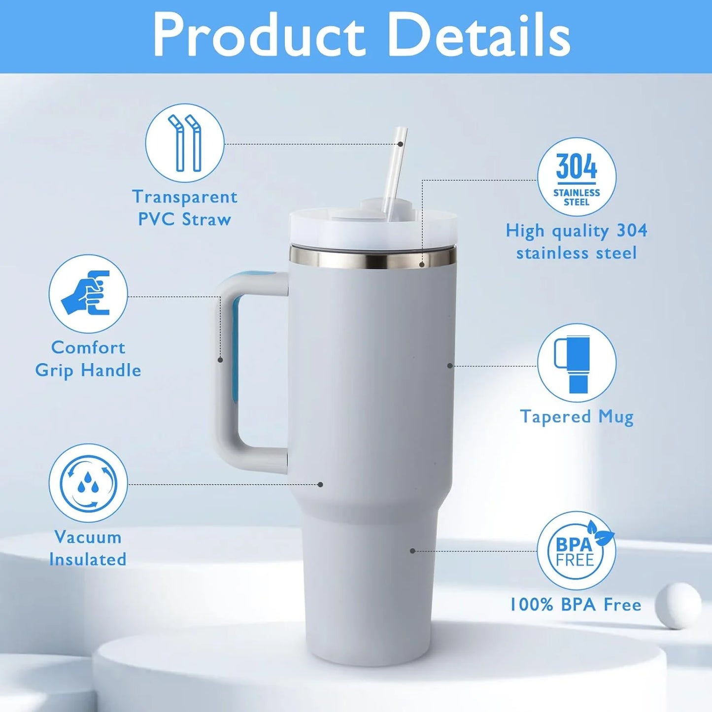 40 Oz Tumbler with Handle and Straw, Travel Mug for Car, 2-In-1 Lid Stainless Steel Tumblers