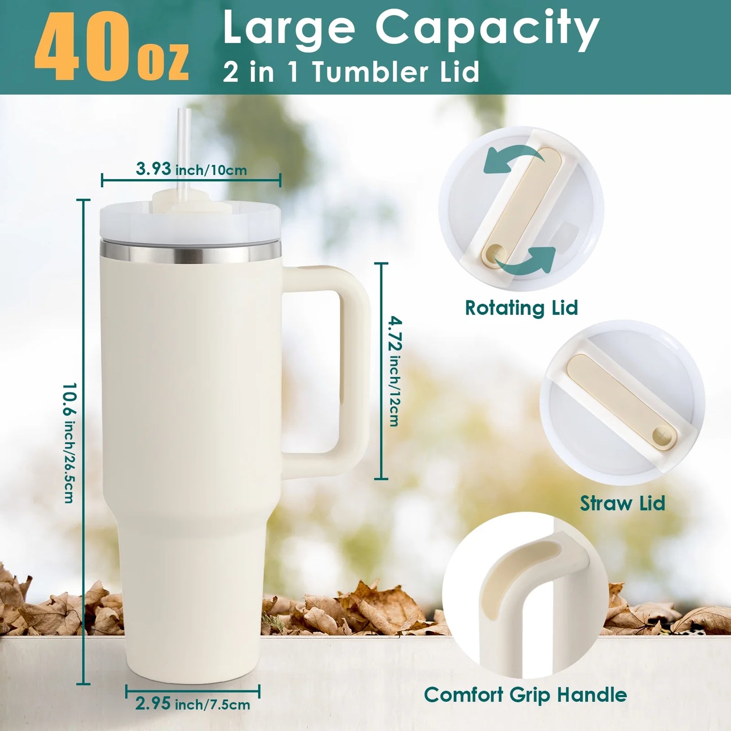 40 Oz Tumbler with Handle and Straw, Travel Mug for Car, 2-In-1 Lid Stainless Steel Tumblers