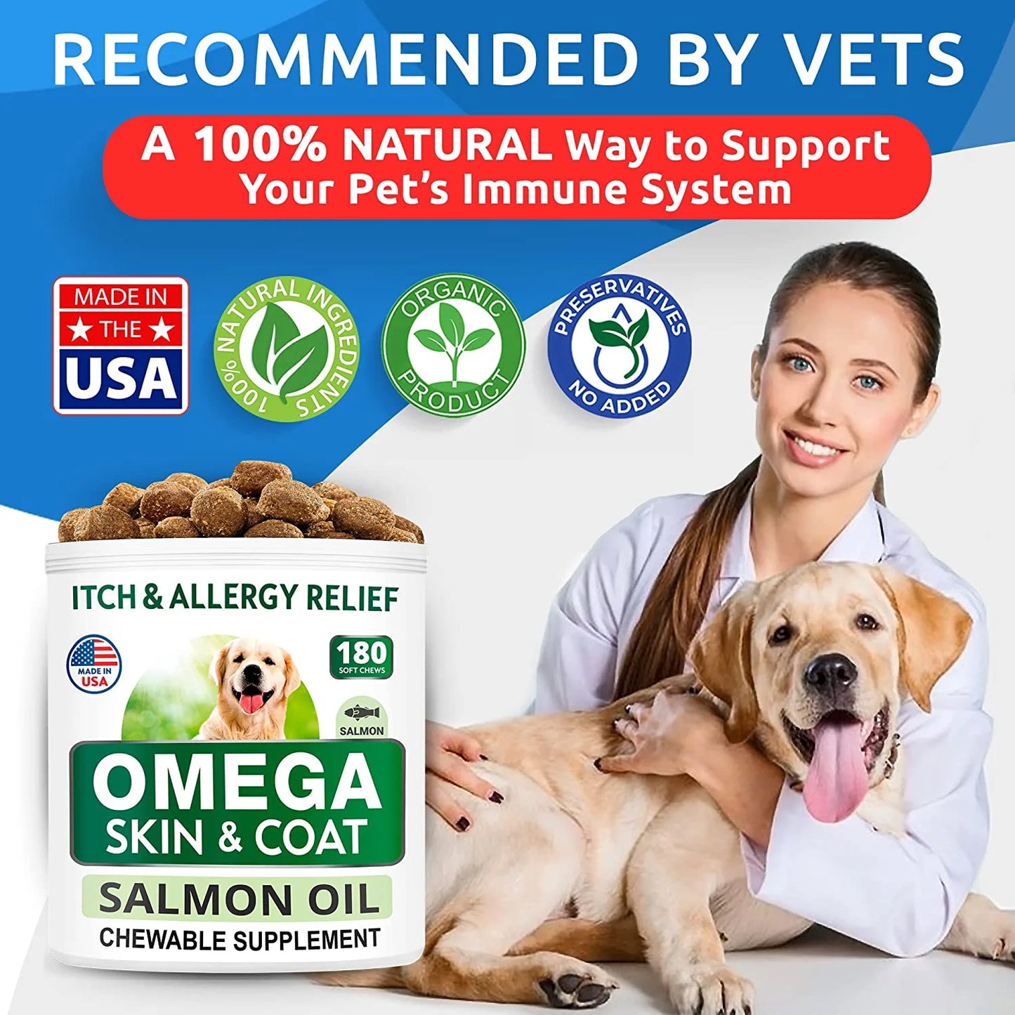 Omega 3 for Dogs - 180 Fish Oil Treats for Dog Shedding, Skin Allergy, Itch Relief, Hot Spots Treatment - Joint Health - Skin and Coat Supplement - EPA & DHA Fatty Acids - Salmon Oil