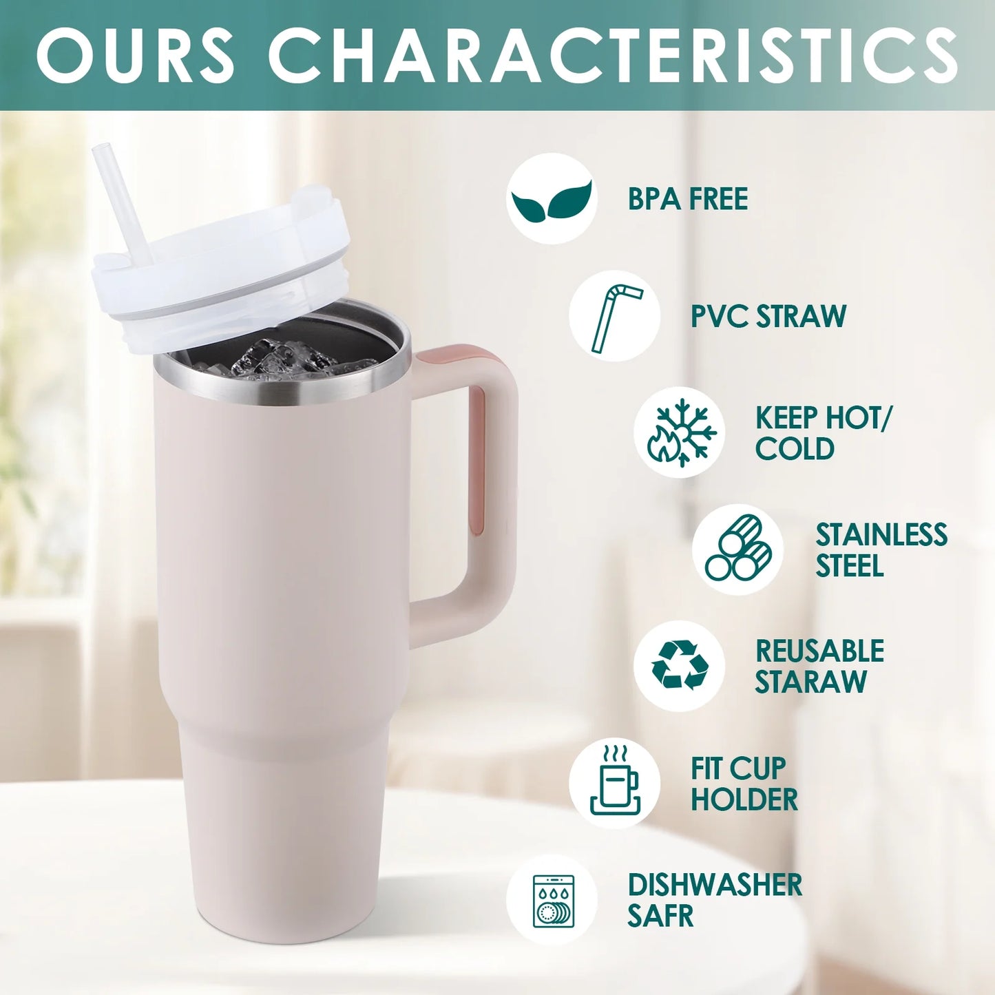 40 Oz Tumbler with Handle and Straw, Travel Mug for Car, 2-In-1 Lid Stainless Steel Tumblers