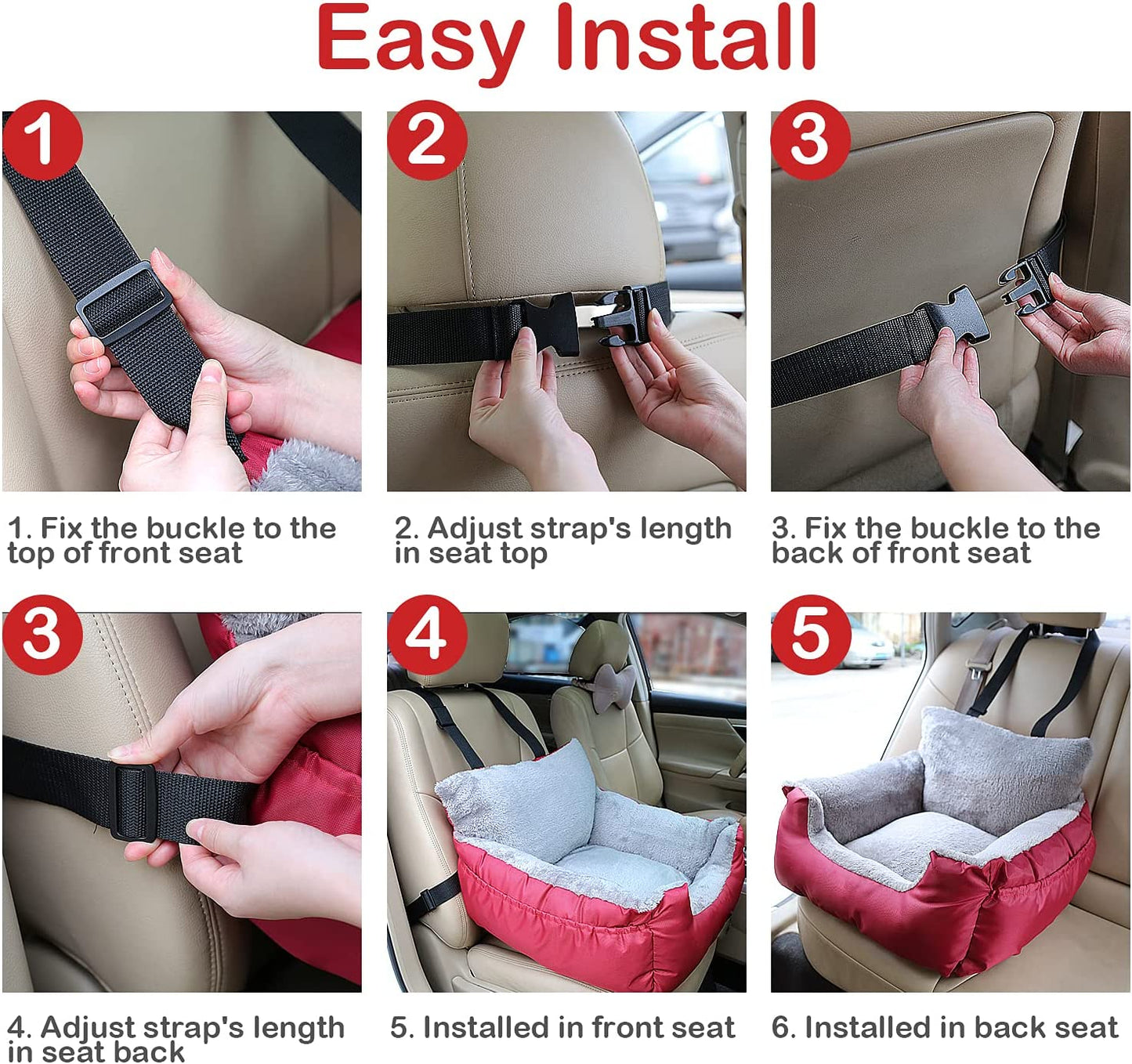 Dog Car Seat for Small Dogs - Warm Soft Washable Bed with Storage Pocket and Clip-On Safety Leash - Portable Travel Carrier Booster