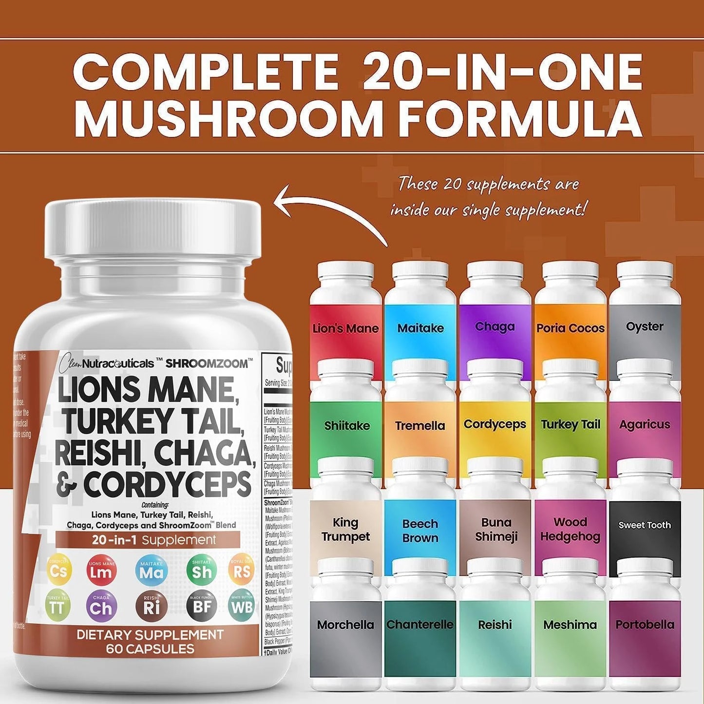 Lions Mane 3000Mg 20In1 Mushroom Supplement with Turkey Tail 2000Mg Reishi 1000Mg Cordyceps Chaga 1000Mg Maitake Meshima Poria Cocos Shiitake Oyster Porcini Enoki 60 Count