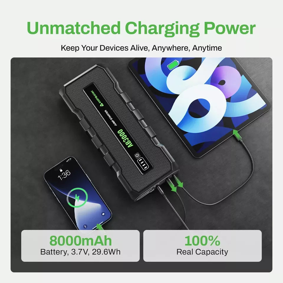 AB3000 12V Car Jump Starter Battery Charger Power Bank Portable 3000A Auto Booster Pack