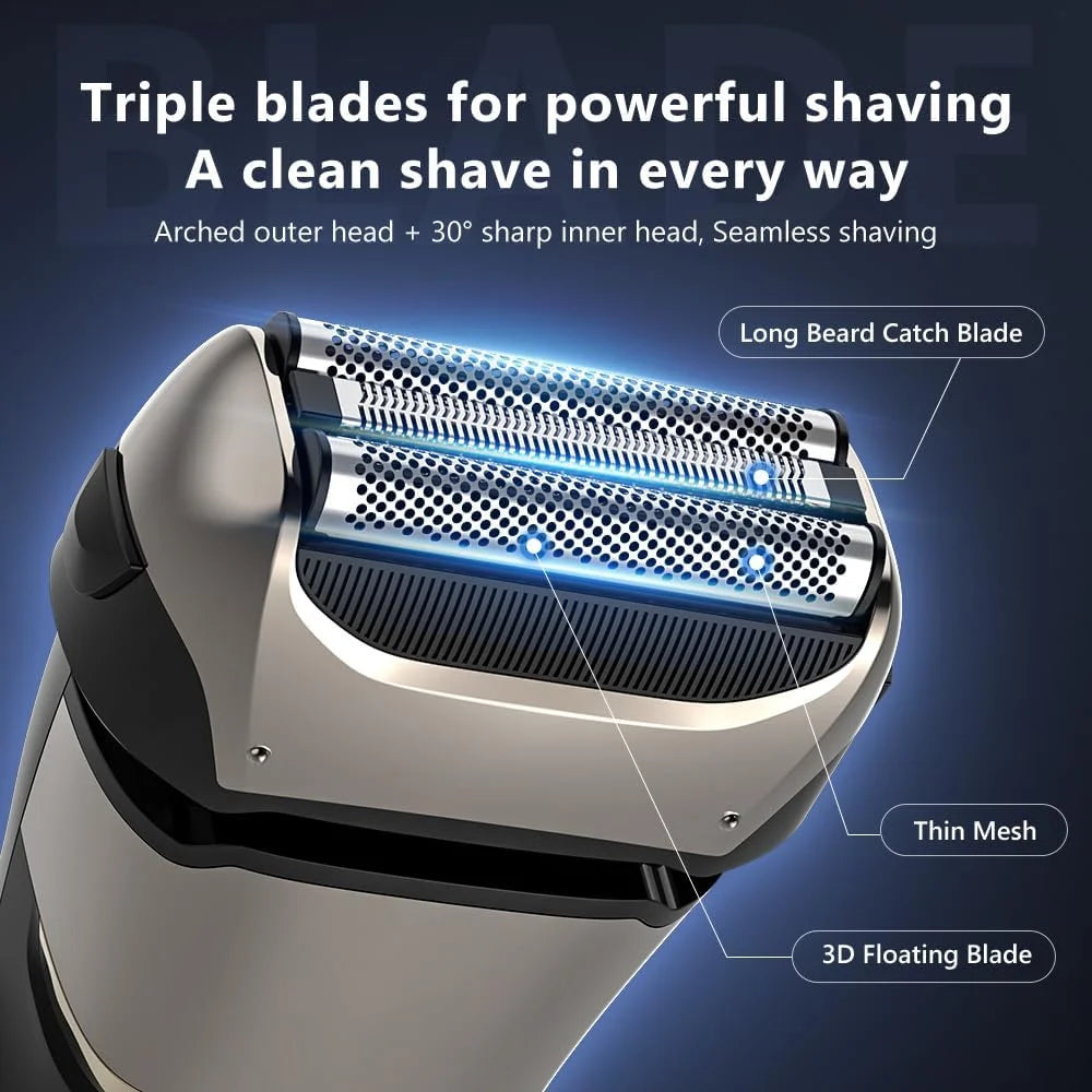 Electric Razor for Men Foil Shaver with 3-Blade Edge Shaving Area, 7500 RPM High Speed Motor Digital Power Display Mens El