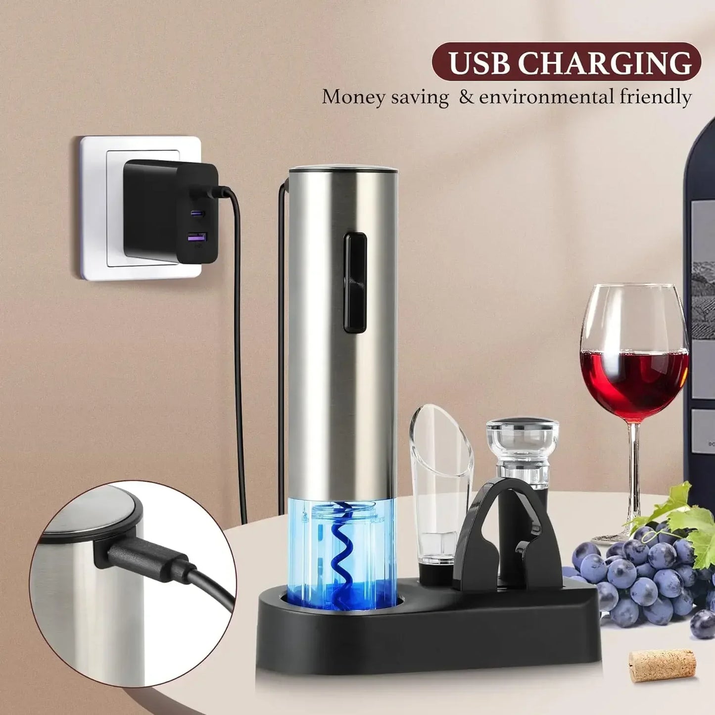 Electric Wine Opener Rechargeable Set, Automatic Electric Wine Opener with Stand with Foil Cutter, Pourer, Vacuum Stopper Nurse