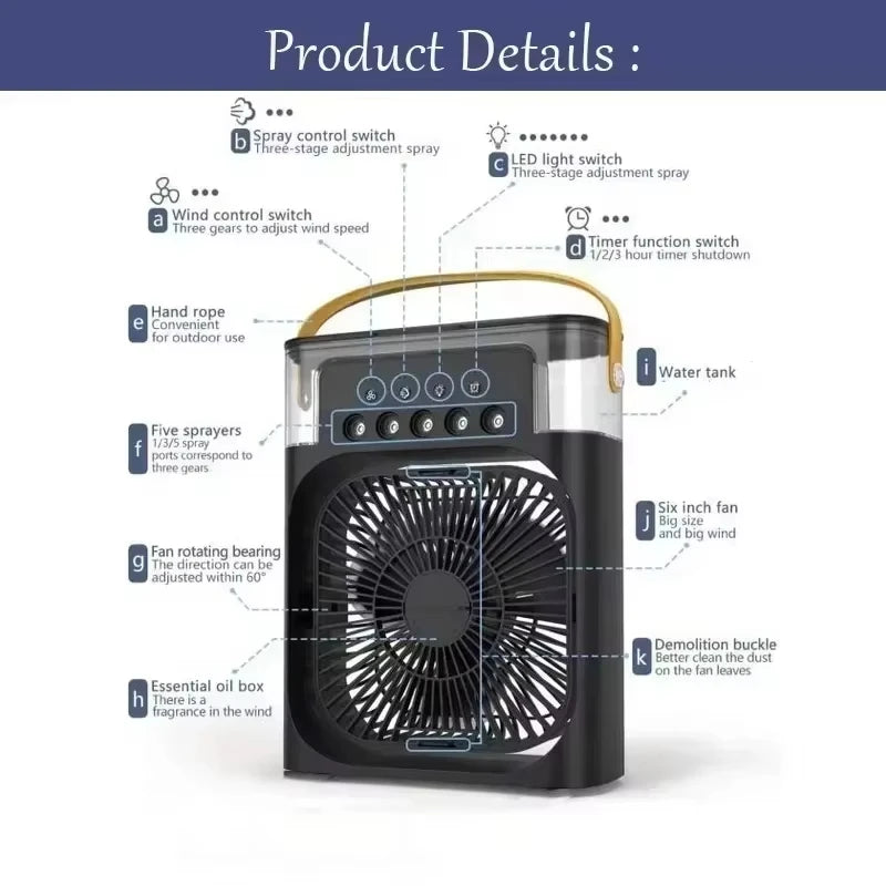 Portable 3 in 1 Air Conditioner Fan USB Plug with 3 Spray Speeds Electric Small Air Cooler LED Night Light Humidifier for Home