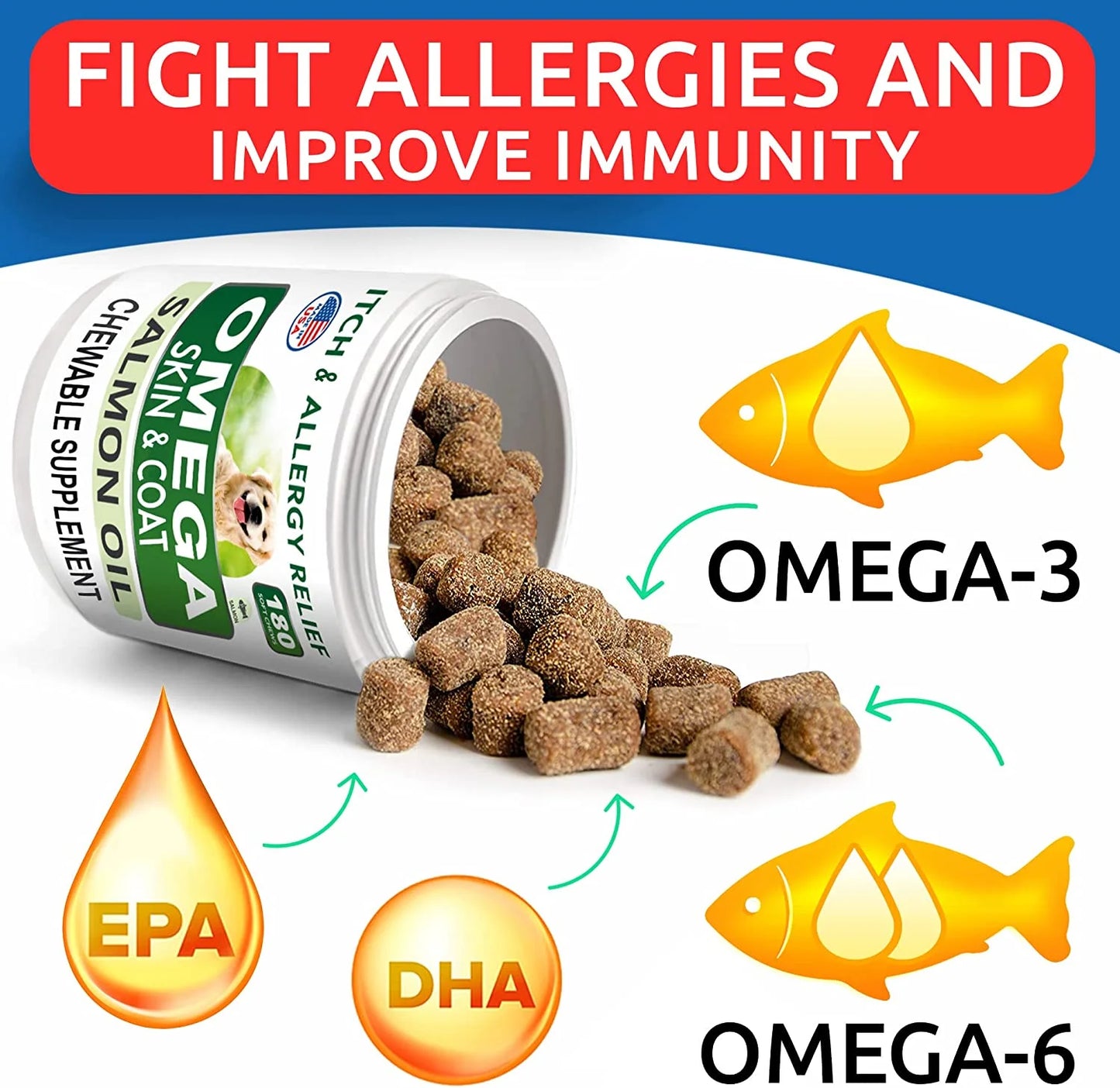 Omega 3 for Dogs - 180 Fish Oil Treats for Dog Shedding, Skin Allergy, Itch Relief, Hot Spots Treatment - Joint Health - Skin and Coat Supplement - EPA & DHA Fatty Acids - Salmon Oil