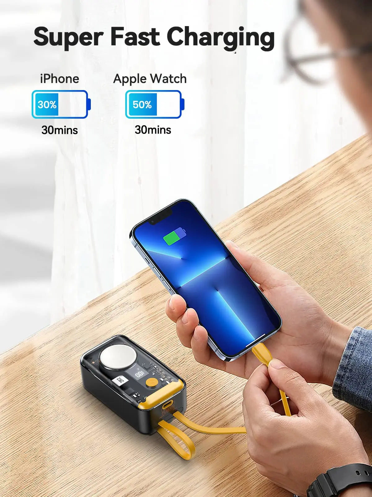 10000Mah Portable Charger for Apple Watch,Iphone,Samsung Power Bank Built-In Cables PD 20W Fast Charging Battery Pack