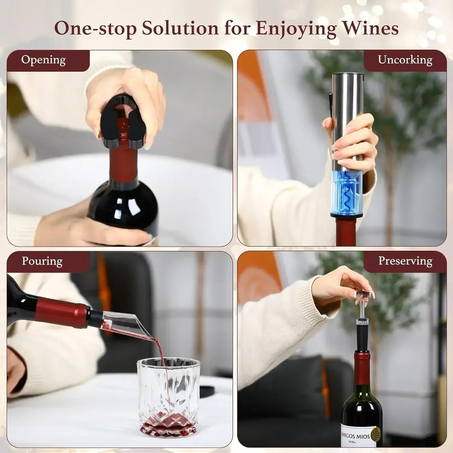 Electric Wine Opener Rechargeable Set, Automatic Electric Wine Opener with Stand with Foil Cutter, Pourer, Vacuum Stopper Nurse
