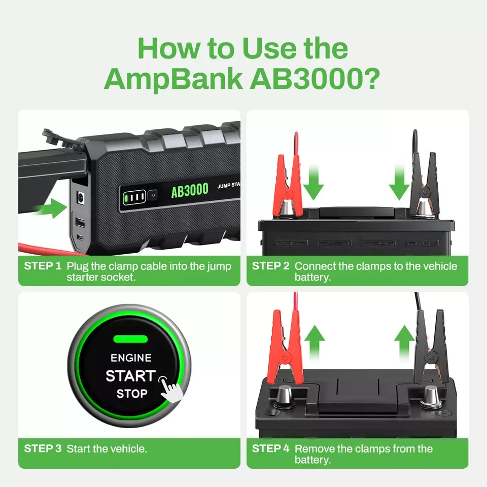 AB3000 12V Car Jump Starter Battery Charger Power Bank Portable 3000A Auto Booster Pack