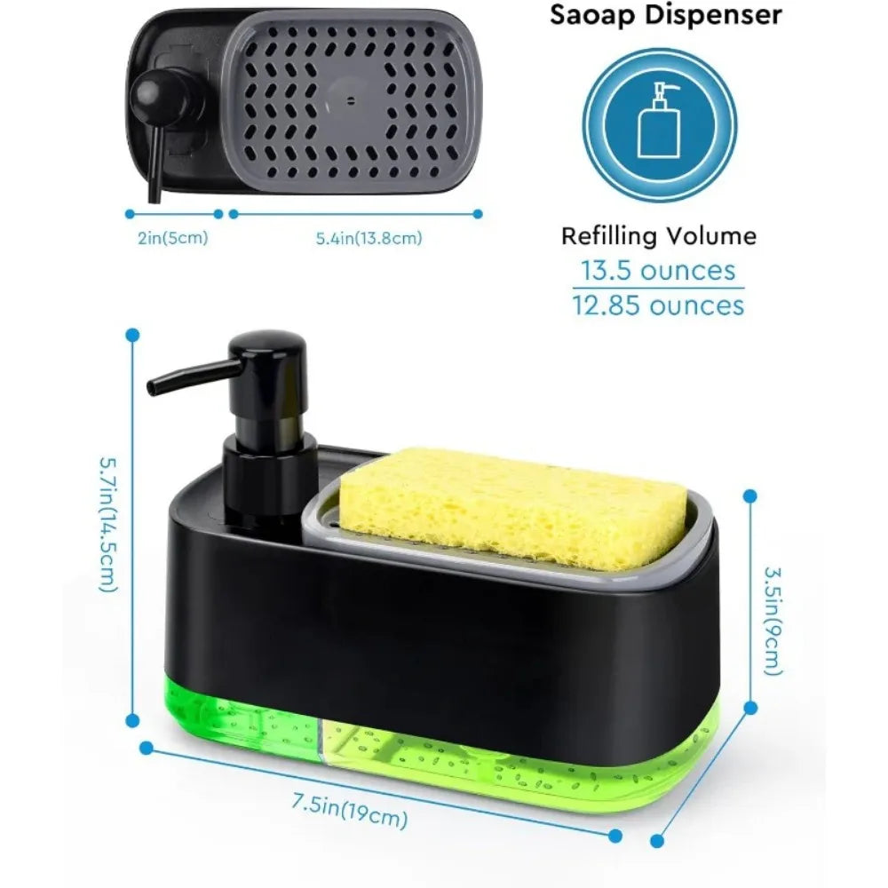 Hand and Soap Dispenser Set for Kitchen, Dual with Sponge Holder, 3-In-1 Countertop Pump for Kitchen Sink, Useful Gadgets