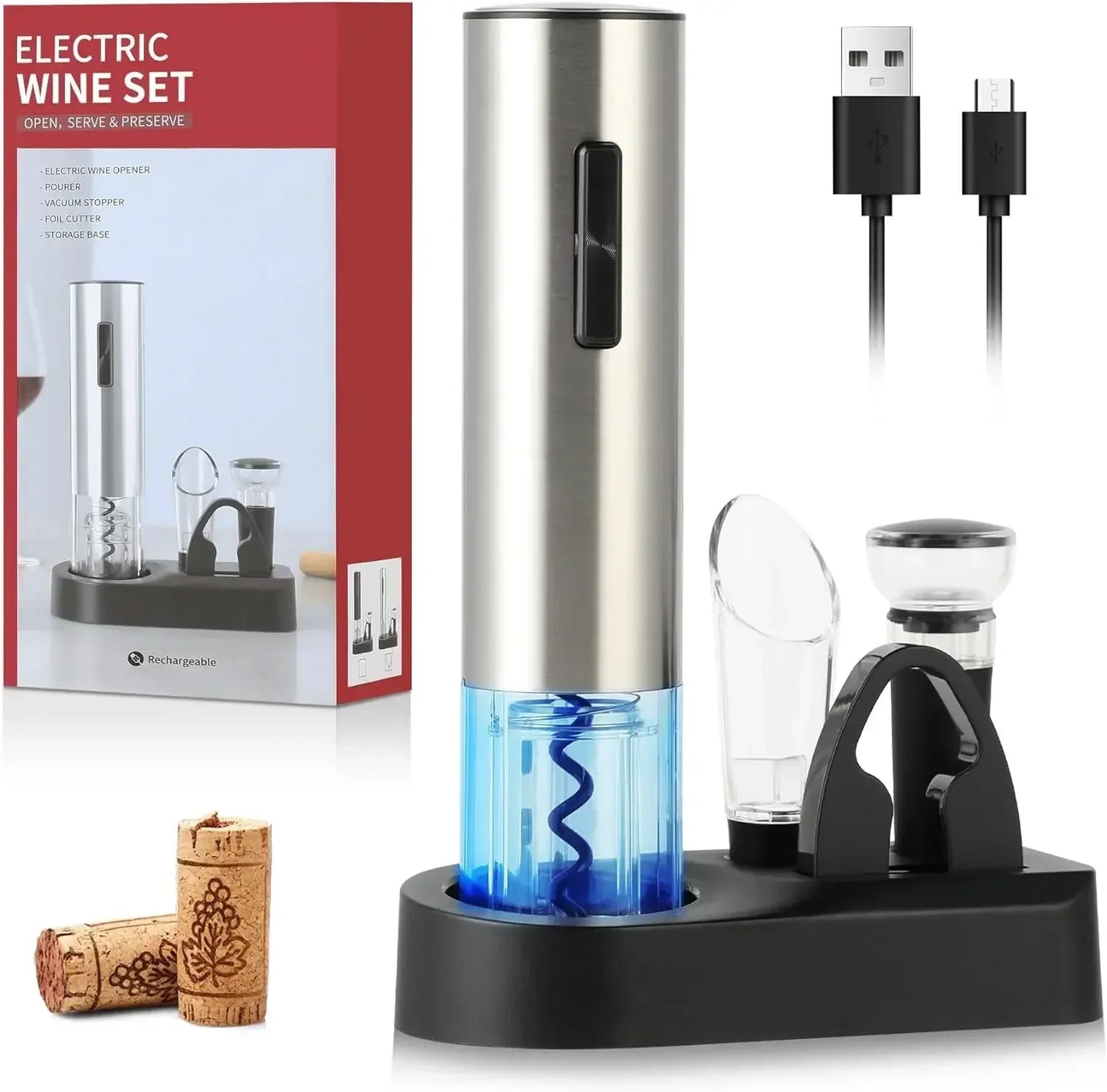 Electric Wine Opener Rechargeable Set, Automatic Electric Wine Opener with Stand with Foil Cutter, Pourer, Vacuum Stopper Nurse