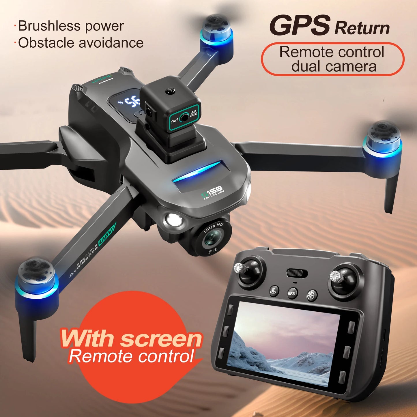 2025 Long-Endurance (2Batteries 45Min) GPS Drone Dual Cameras 5.9In LCD Remote Controller Brushless Motor Quad Obstacle Avoidanc