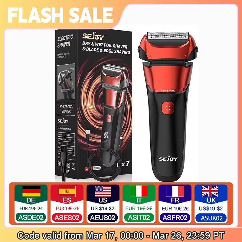 Electric Razor for Men Foil Shaver with 3-Blade Edge Shaving Area, 7500 RPM High Speed Motor Digital Power Display Mens El