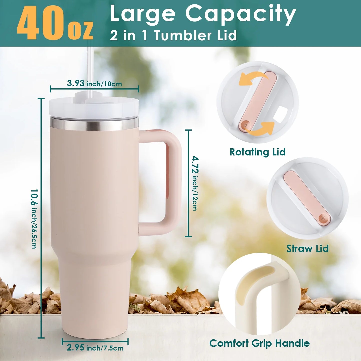 40 Oz Tumbler with Handle and Straw, Travel Mug for Car, 2-In-1 Lid Stainless Steel Tumblers