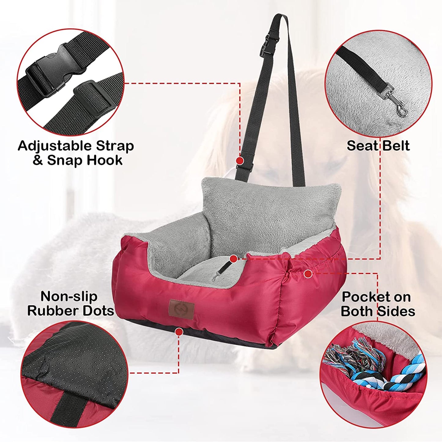 Dog Car Seat for Small Dogs - Warm Soft Washable Bed with Storage Pocket and Clip-On Safety Leash - Portable Travel Carrier Booster