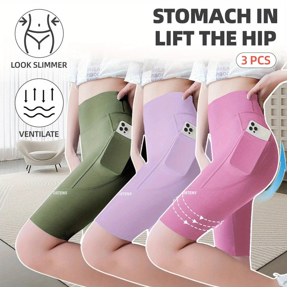 3PC Set Sports Wear Pockets High Waist Lifts Buttocks Lady Bubble Butt Yoga Pants Athletic Korea Jogging Scrunch Shorts