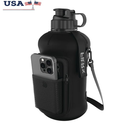 Half Gallon Water Bottle with Neoprene Sleeve Storage Pocket Carry Strap BPA Free 68Oz Portable Hydration Jug Adults