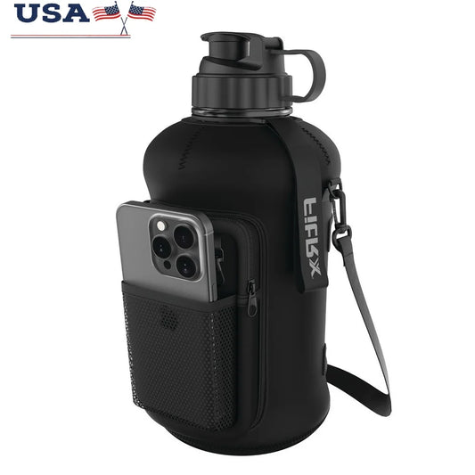 Half Gallon Water Bottle with Neoprene Sleeve Storage Pocket Carry Strap BPA Free 68Oz Portable Hydration Jug Adults