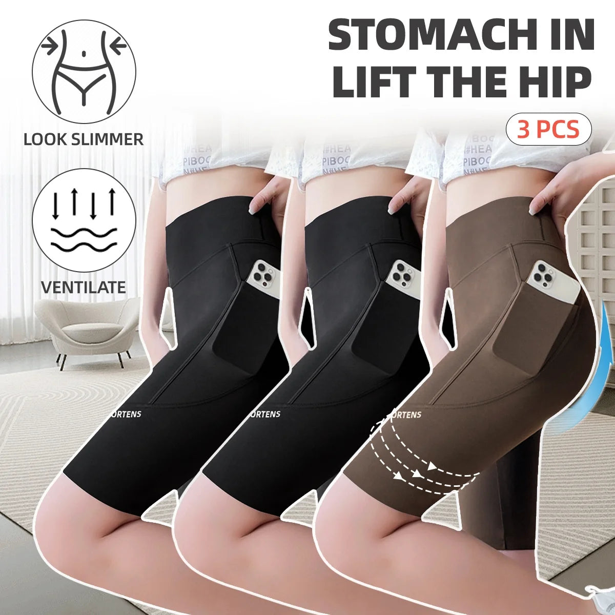 3PC Set Sports Wear Pockets High Waist Lifts Buttocks Lady Bubble Butt Yoga Pants Athletic Korea Jogging Scrunch Shorts