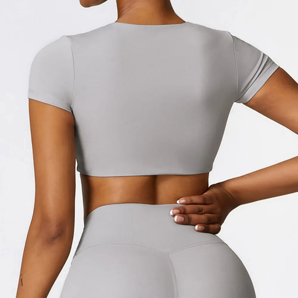 Woman Sports Top round Neck Yoga Crop Top Short Sleeve Top for Fitness Push up Workout T-Shirt Tops Gym Clothing Sportswear