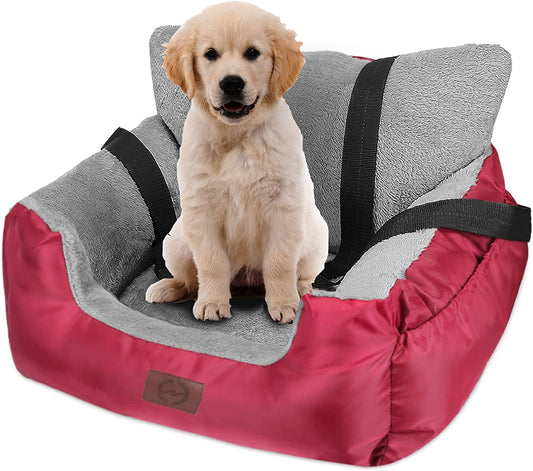 Dog Car Seat for Small Dogs - Warm Soft Washable Bed with Storage Pocket and Clip-On Safety Leash - Portable Travel Carrier Booster