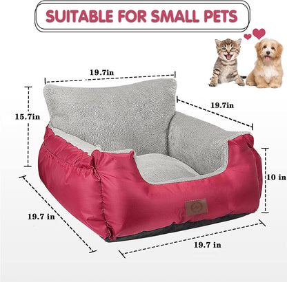Dog Car Seat for Small Dogs - Warm Soft Washable Bed with Storage Pocket and Clip-On Safety Leash - Portable Travel Carrier Booster