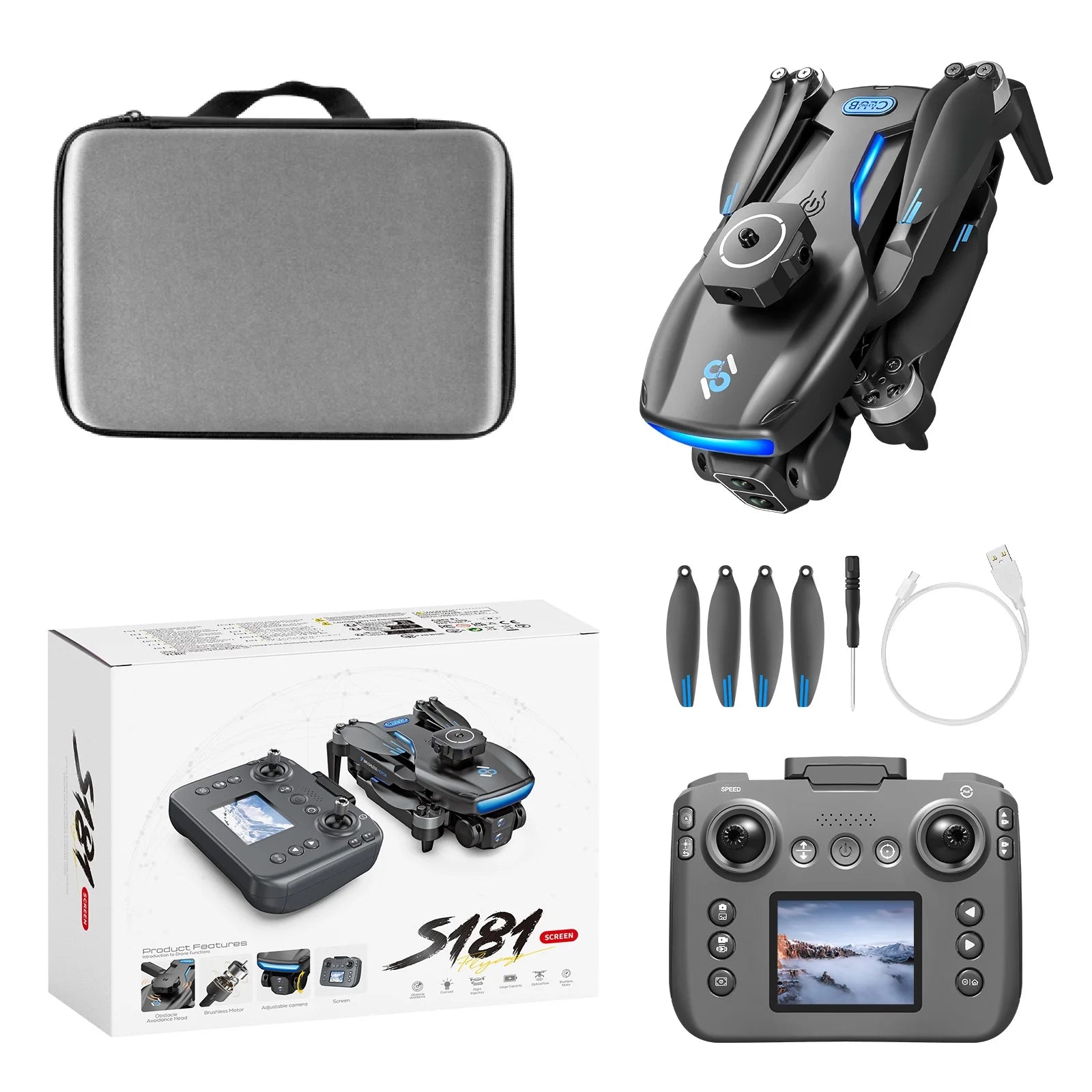 Long-Endurance Brushless Drone Dual Cameras Brushless Motor Foldable Quad Obstacle Avoidance 5.9Inch LCD Remote Controller