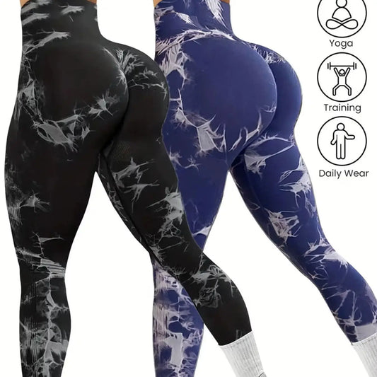 Women'S 2Pcs Tie-Dye Seamless Yoga Leggings - High Stretch, Comfort Fit Athletic Pants for Gym Home Workouts