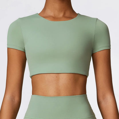 Woman Sports Top round Neck Yoga Crop Top Short Sleeve Top for Fitness Push up Workout T-Shirt Tops Gym Clothing Sportswear