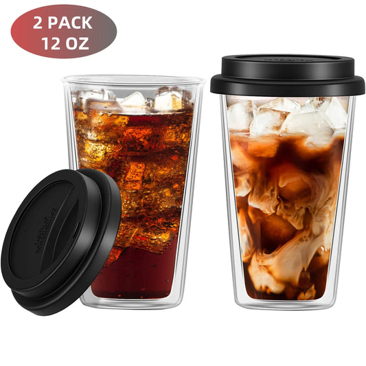 2 Piece 12Oz Double Glass Coffee Mugs with Silicone Lid,Drinking Insulated Coffee Cups with Lid,Clear,Dishwasher Safe Reusable