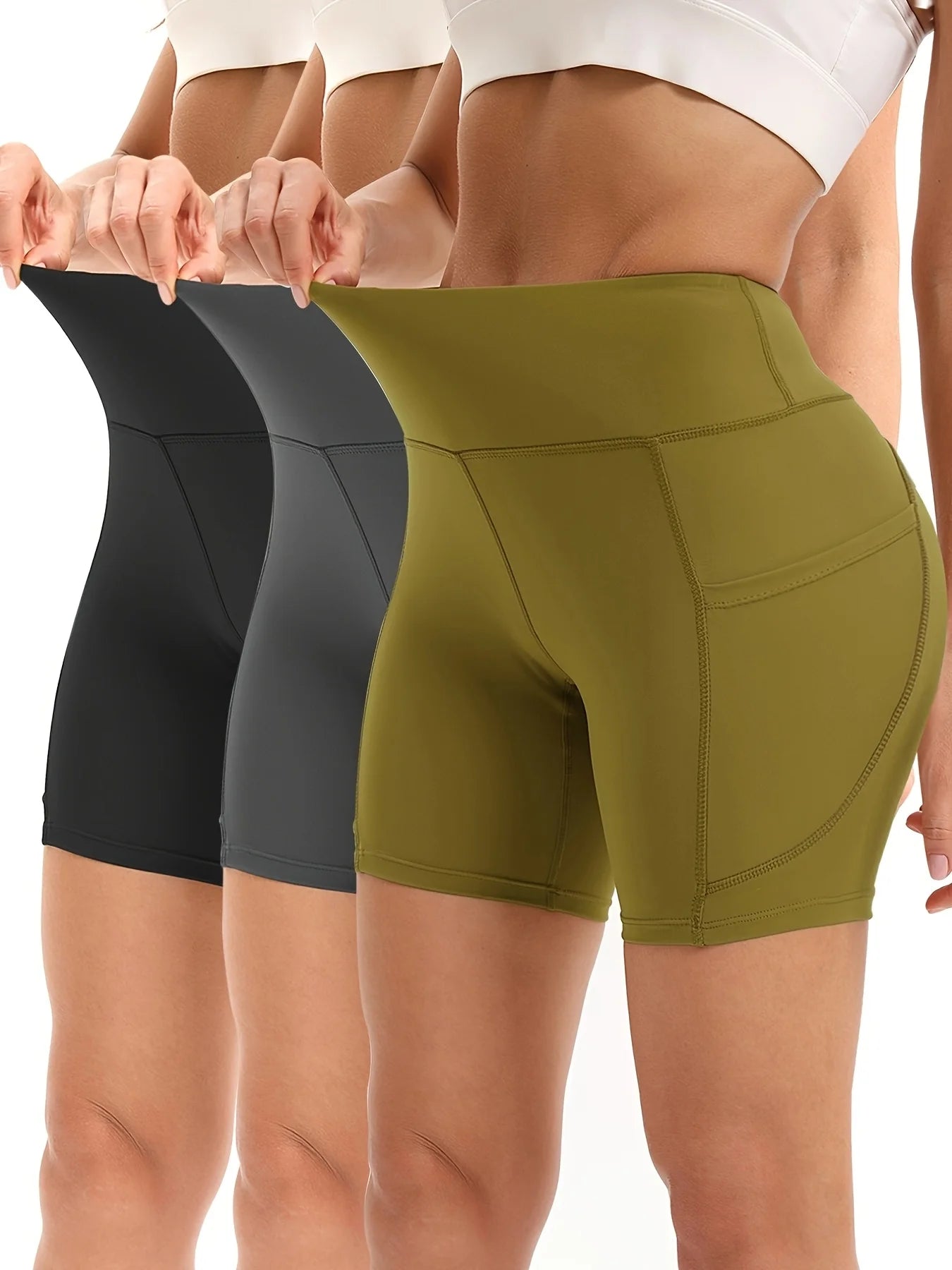 3Pcs High Waist Tummy Control Biker Shorts with Pockets - Stretchy, Moisture-Wicking Yoga & Gym Shorts for Women in Gray