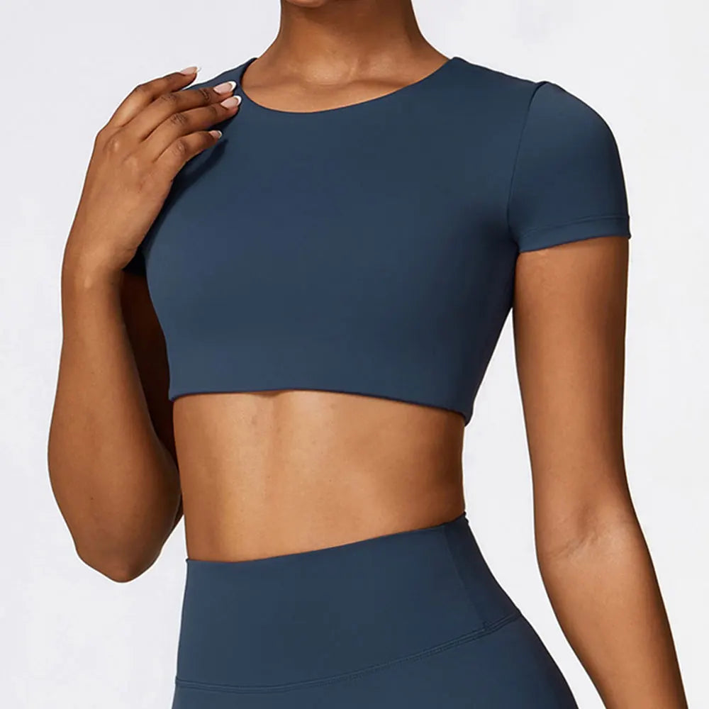 Woman Sports Top round Neck Yoga Crop Top Short Sleeve Top for Fitness Push up Workout T-Shirt Tops Gym Clothing Sportswear
