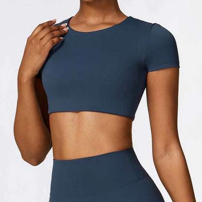 Woman Sports Top round Neck Yoga Crop Top Short Sleeve Top for Fitness Push up Workout T-Shirt Tops Gym Clothing Sportswear