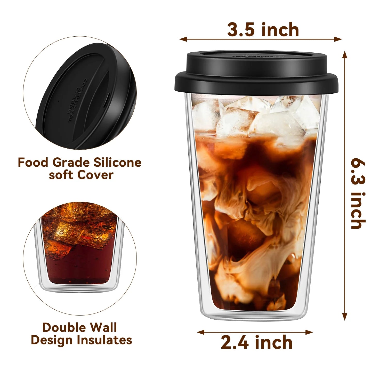 2 Piece 12Oz Double Glass Coffee Mugs with Silicone Lid,Drinking Insulated Coffee Cups with Lid,Clear,Dishwasher Safe Reusable