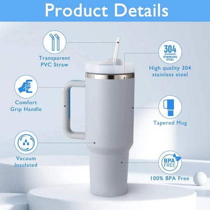 40 Oz Tumbler with Handle and Straw, Travel Mug for Car, 2-In-1 Lid Stainless Steel Tumblers